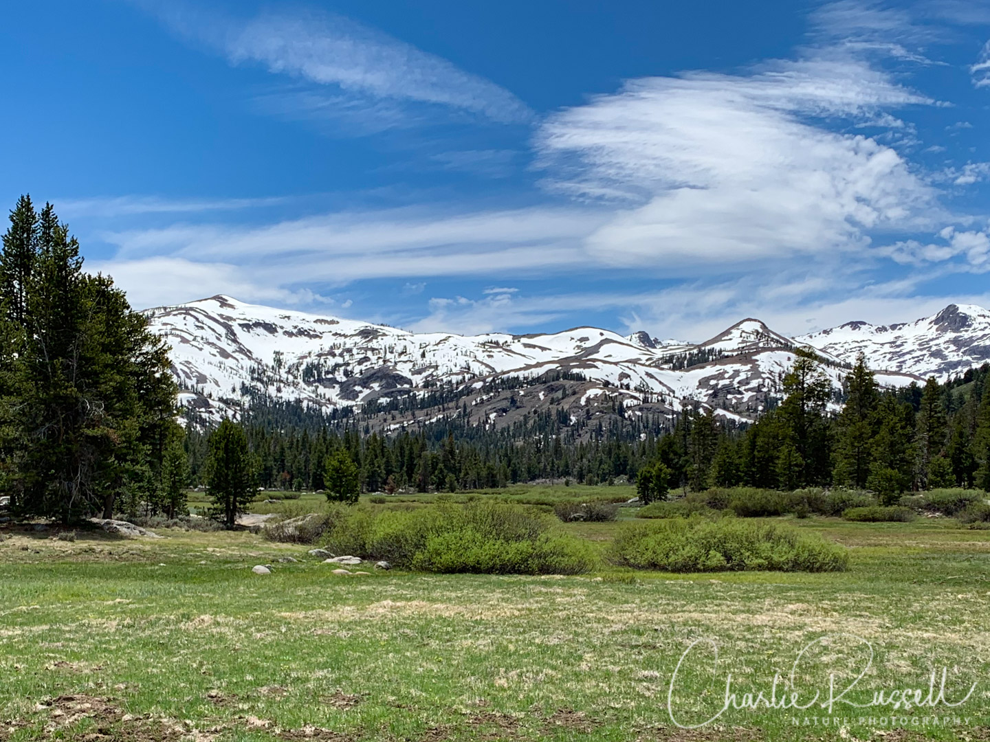 Snow-capped mountains around the meadow in Charity Valley