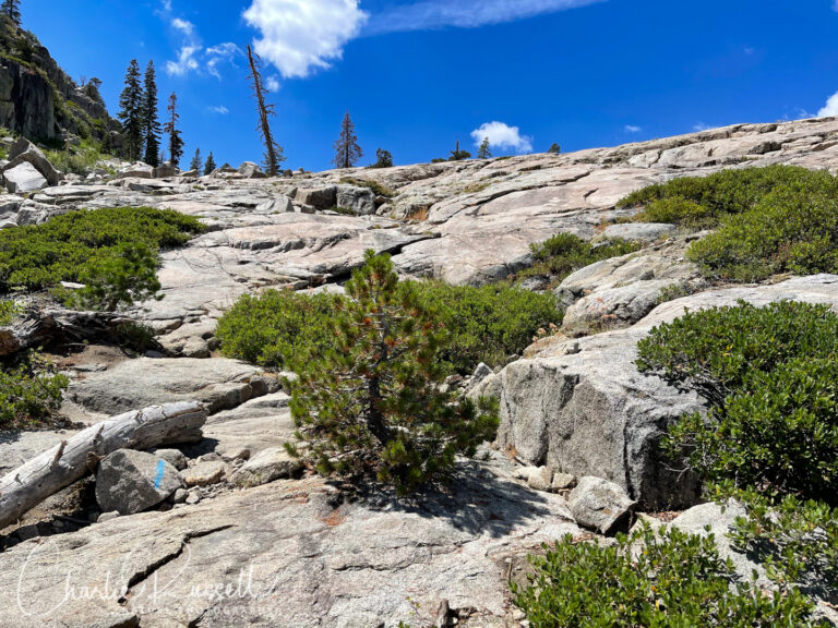 The trail crosses exposed granite and can be hard to follow. Note the blue paint mark showing the way