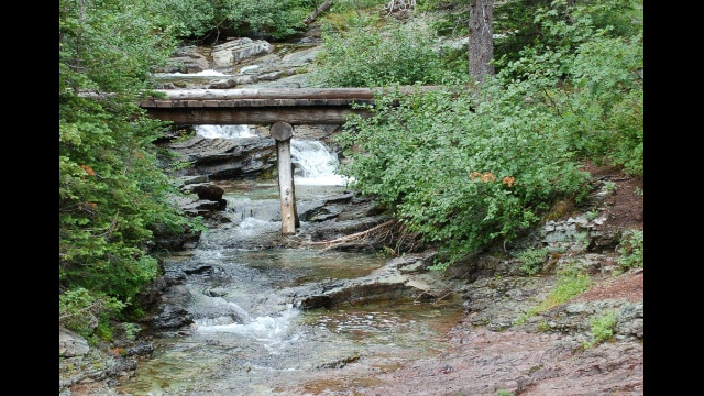 Bridge over creek above Ptarmigan Falls, Iceberg Lake Trail, Glacier National Park Ptarmigan Creek above falls