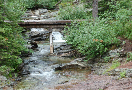 Bridge over creek above Ptarmigan Falls, Iceberg Lake Trail, Glacier National Park Ptarmigan Creek above falls