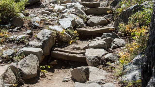 Rocky steps up the trail to Grass Lake Rocky steps up the trail to Grass Lake