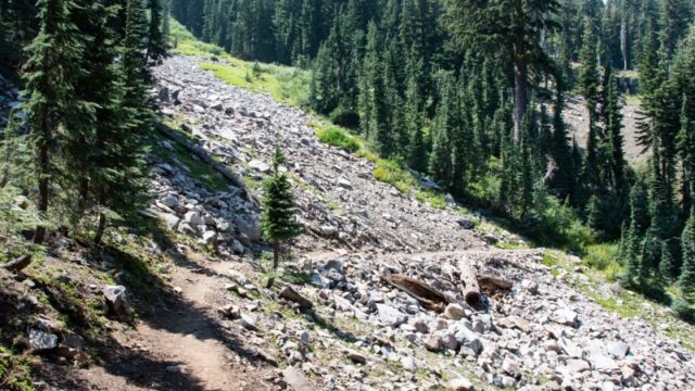 Crossing exposed shale slope Barker Pass 6