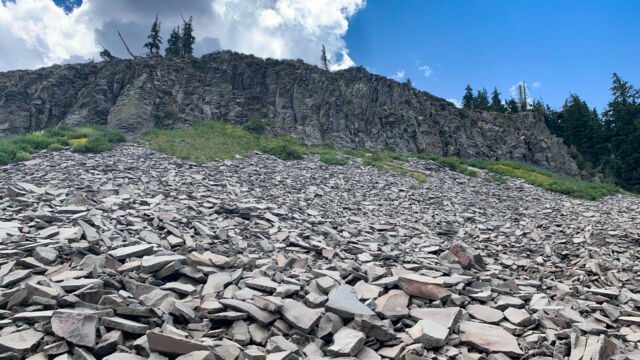 Looking up the rockfall on the far end of the meadow Looking up the rockfall on the far end of the meadow