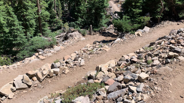 Trail heading up hill from the foot of the falls to the top, towards the upper meadow. A steeper climb Galena Falls trail