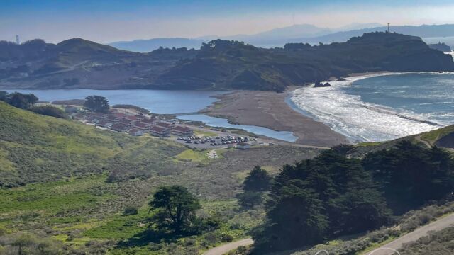 Looking back to Rodeo Beach from the Coastal Trail. You can see the tip of the Golden Gate Bridge at the left
